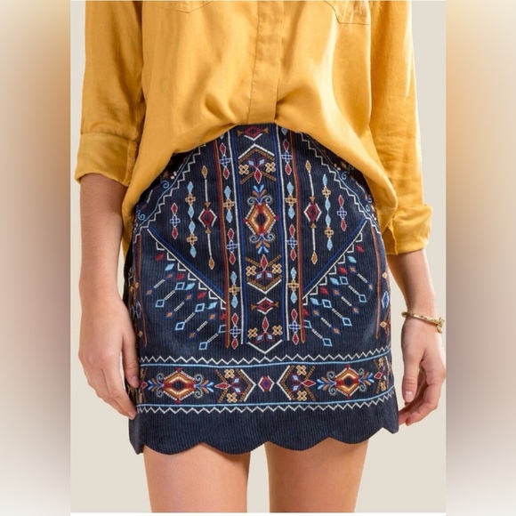 Blue Rain Dresses & Skirts - Blue Rain Embroidered Navy Corduroy Mini Skirt Size M